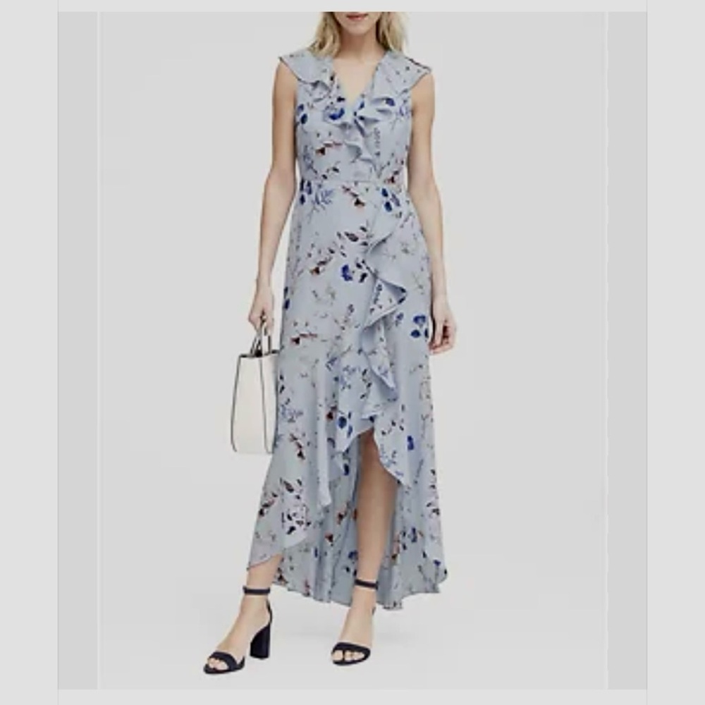 Banana Republic Asymmetrical Hem Sleeveless Floral Ruffle Maxi Dress in Blue